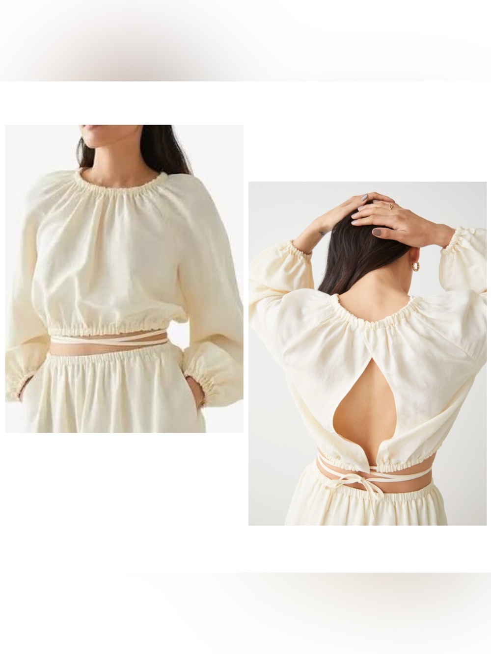 & Other Stories Voluminous Crop Top Ivory Cream Linen Balloon Sleeve Blouse S